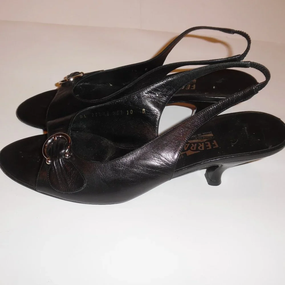 Salvatore Ferragamo Black Leather Kitten Heels Buckle Gancini  Sandals Shoes - Picture 8 of 15